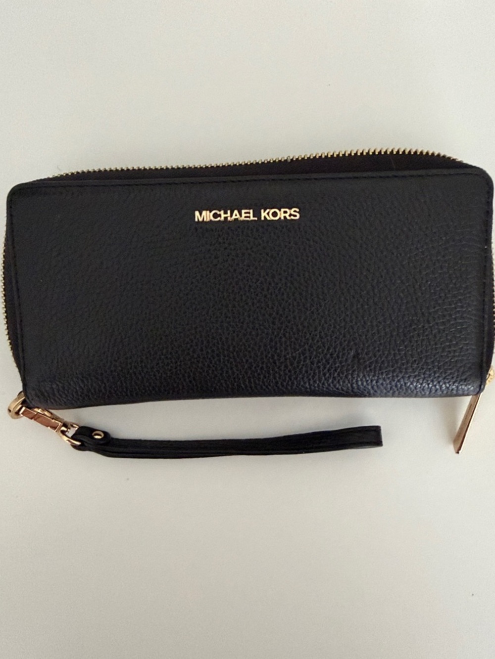 Michael Kors Black Pebbled Leather Zip-Around Wristlet with Gold Hardware